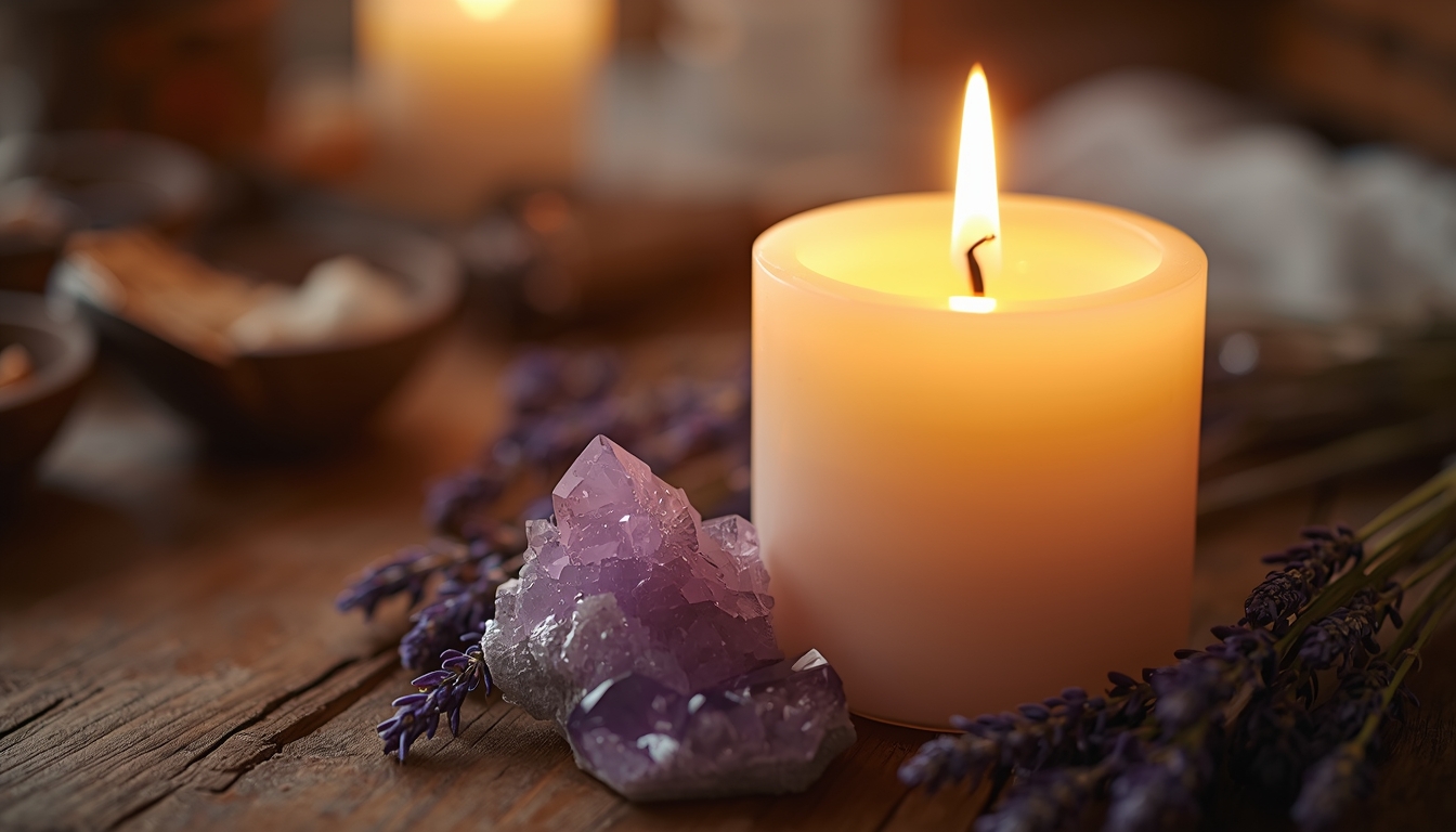 Kerze, Amethyst-Kristall und Lavendel für spirituelle Rituale