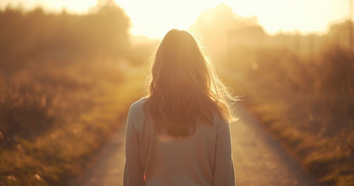 Eine Frau steht auf einem sonnigen Weg und blickt in Richtung Horizont — der Tag, an dem sie aufgehört hat, sich klein zu machen