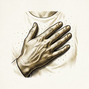 Selbstliebe Innenreise – Hand auf der Brust, Symbol für radikale Selbstannahme, Dotwork Illustration
